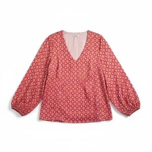 Summer 10 Pink Geometric Print Lined V-Neck Size M Balloon Sleeve Retro Top